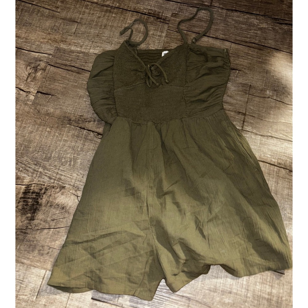 Aerie Olive Green Smocked Tie Front Romper Women Large Adjustable Straps Summer
